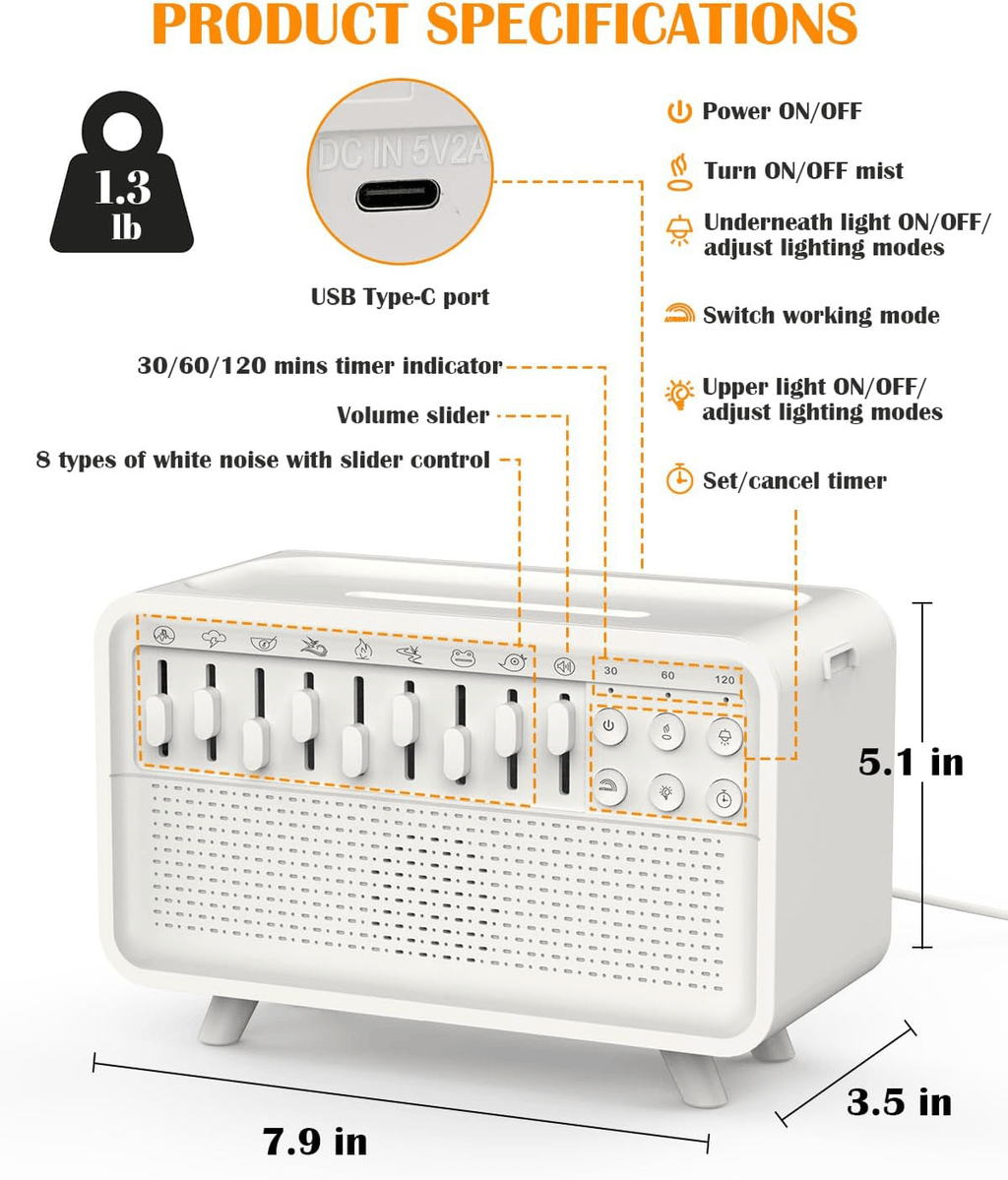 White Noise Sleep Aid Device with Bluetooth Speaker and Aromatherapy Humidifier